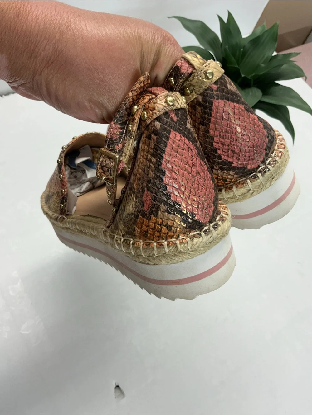 Woven Snake-Print Espadrille Flatform Sandal in Pink and Tan